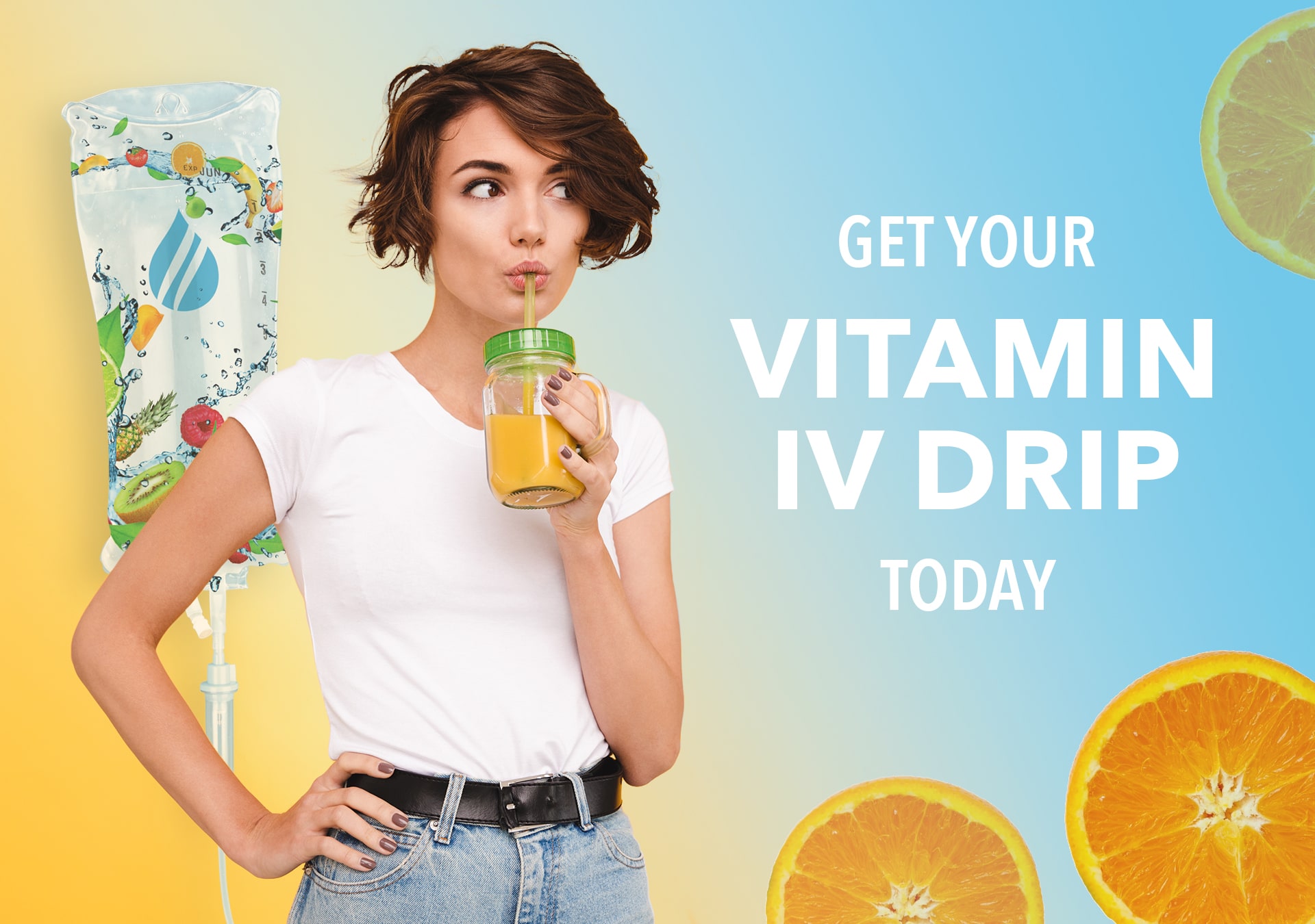 A woman drinking an orange juice as an advertisement to get a vitamin C IV Drip from Regeneris Medspa Boston
