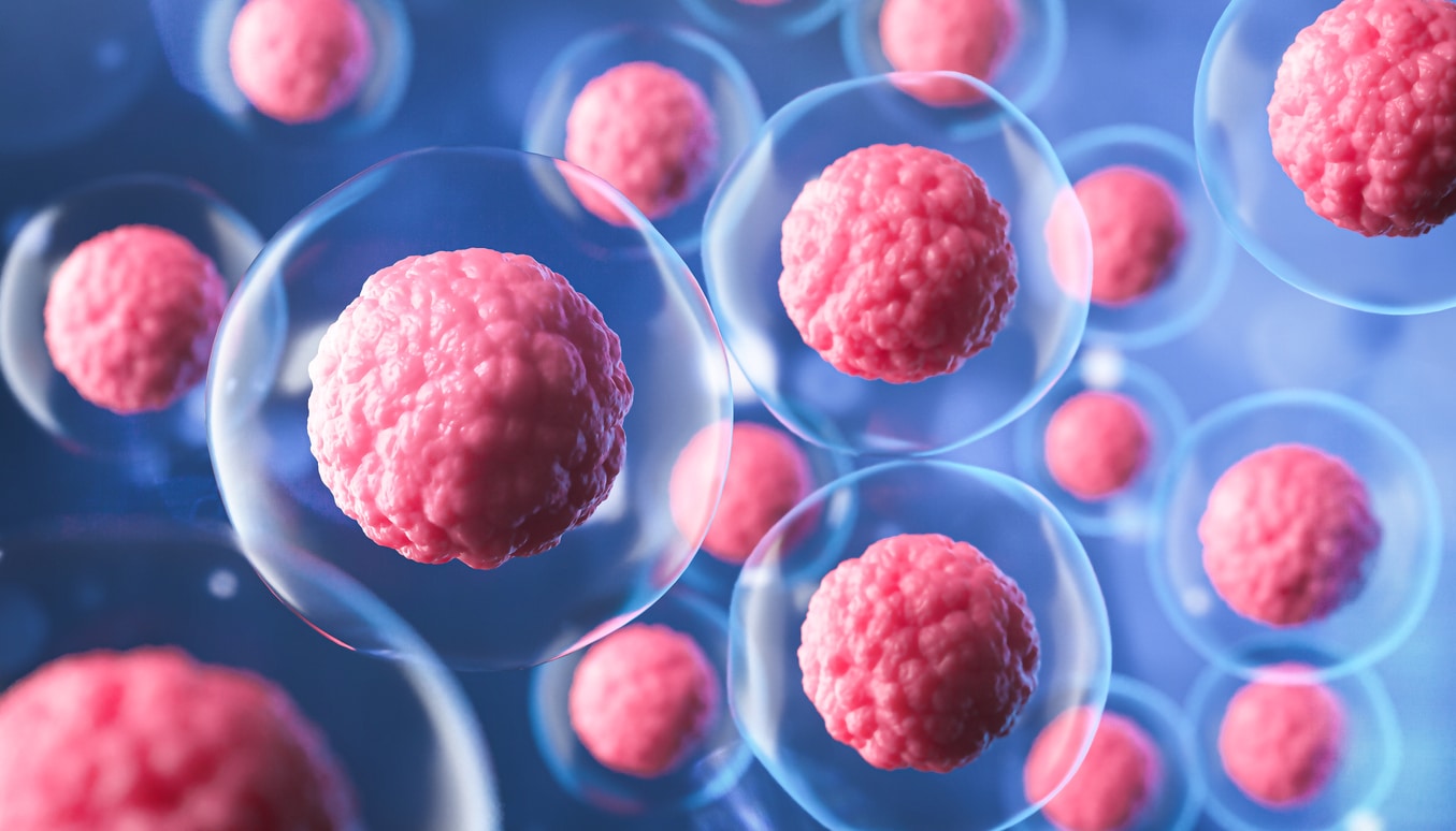 Pink, pimpled stem cells float in translucent bubbles on a blue background